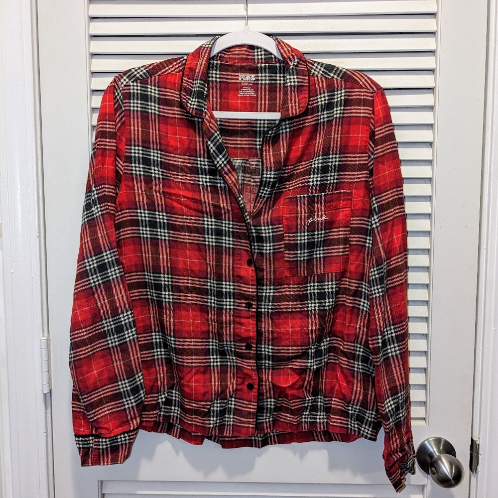 Victoria's Secret PJ Pajama LS Button Up Red Black Plaid Top Shirt Comfy Soft LG